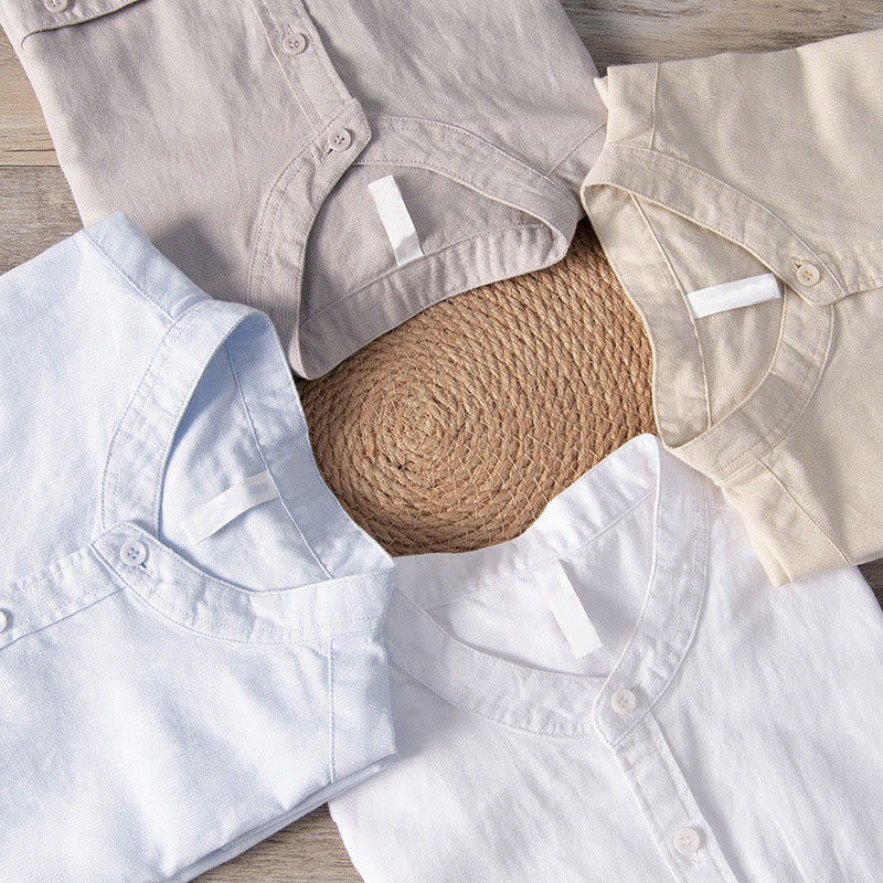 Koszula męska z krótkim rękawem z lnu i bawełny z kieszeniami z przodu, z kołnierzykiem stojącym, z Buddha Stones, swobodna, codzienna, prosta, z guzikami - image 19
