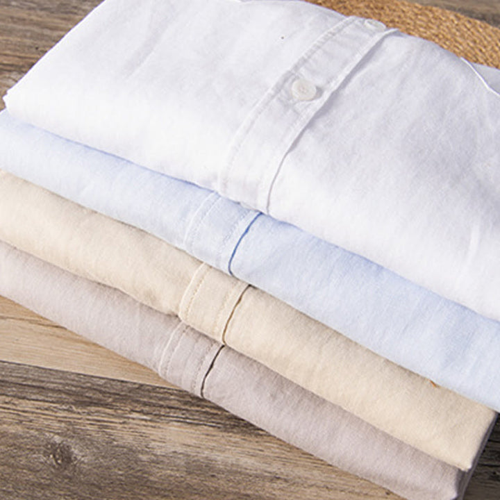 Koszula męska z krótkim rękawem z lnu i bawełny z kieszeniami z przodu, z kołnierzykiem stojącym, z Buddha Stones, swobodna, codzienna, prosta, z guzikami - image 18