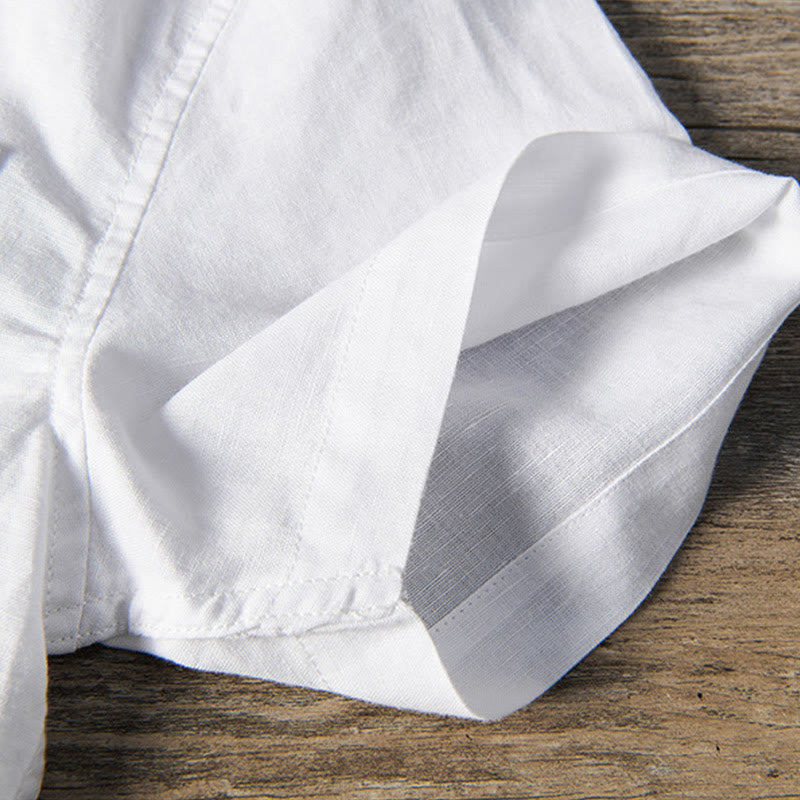 Koszula męska z krótkim rękawem z lnu i bawełny z kieszeniami z przodu, z kołnierzykiem stojącym, z Buddha Stones, swobodna, codzienna, prosta, z guzikami - image 6