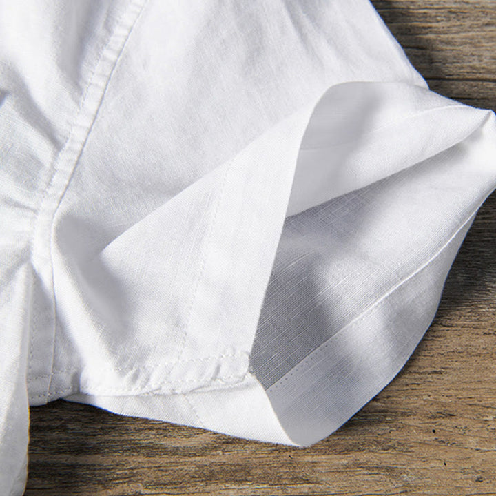 Koszula męska z krótkim rękawem z lnu i bawełny z kieszeniami z przodu, z kołnierzykiem stojącym, z Buddha Stones, swobodna, codzienna, prosta, z guzikami - image 6