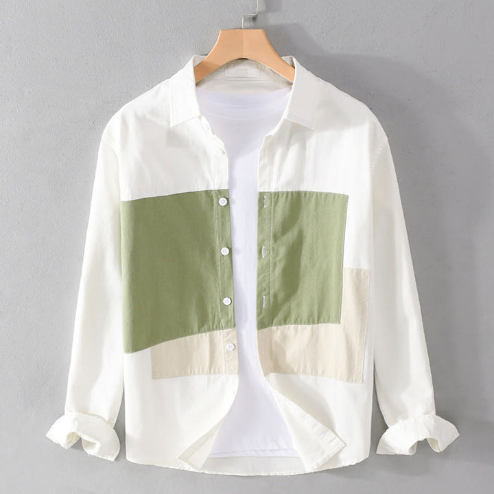 Koszula męska z bawełny i lnu z kieszeniami i długimi rękawami, kontrastowymi przeszyciami i kieszeniami - Żółtozielony - US/UK/AU42， EU52 (3XL) - image 10