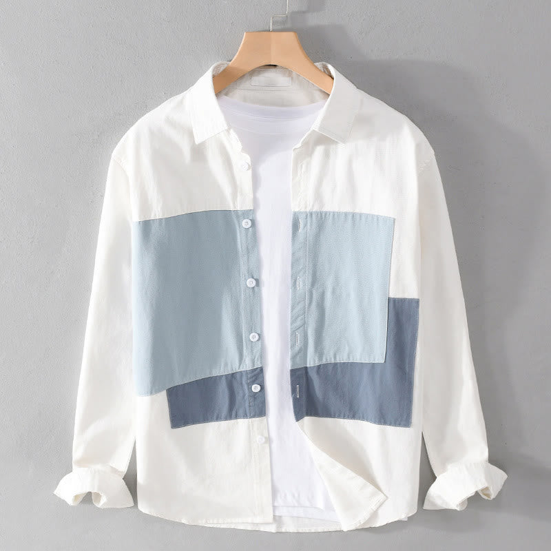 Koszula męska z bawełny i lnu z kieszeniami i długimi rękawami, kontrastowymi przeszyciami i kieszeniami - Jasnoniebieski - US/UK/AU42， EU52 (3XL) - image 0