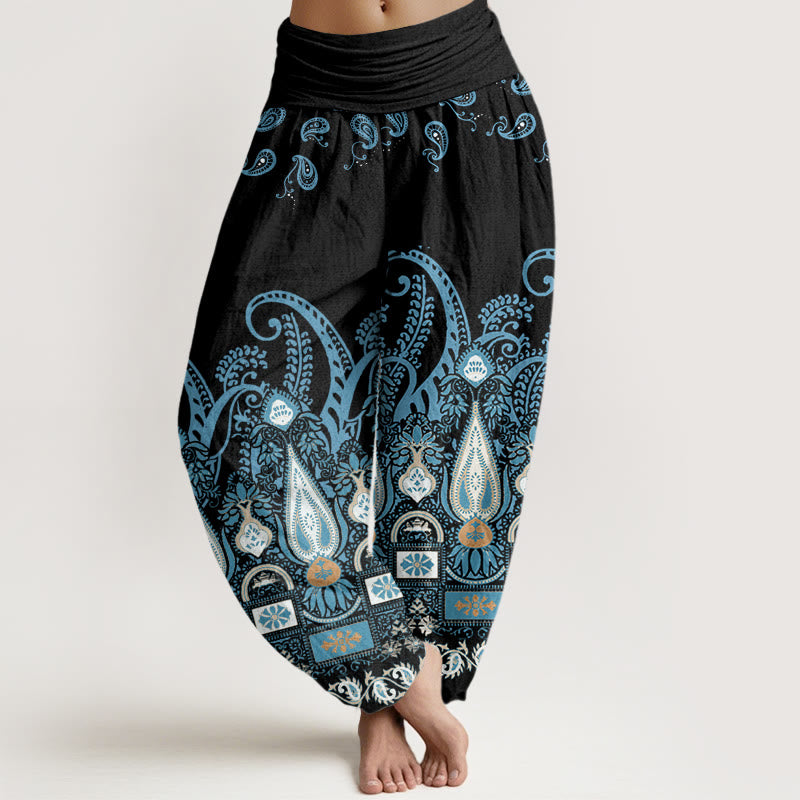 Spodnie haremowe damskie z elastycznym pasem i wzorem Paisley z motywem Buddha Stones - Czarny - US22, UK/AU26, EU54 (6XL) - image 1