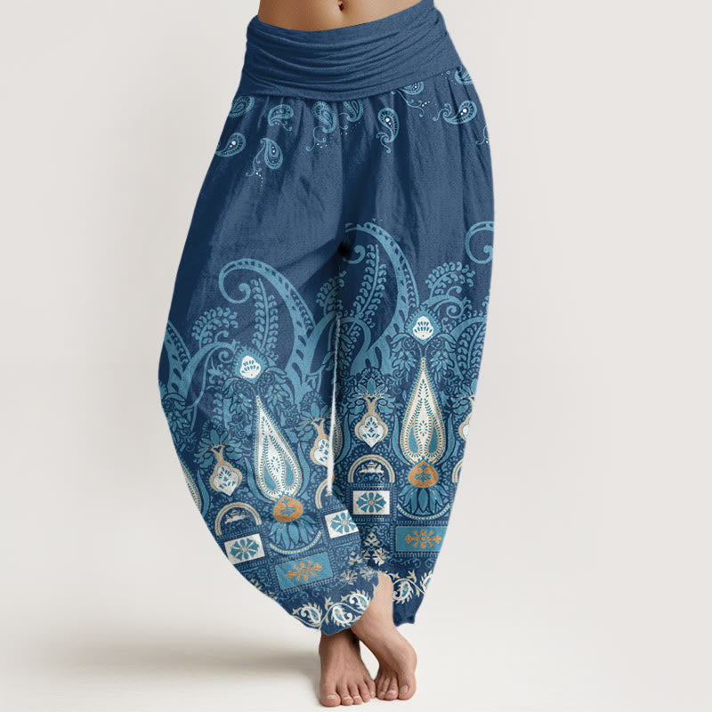 Spodnie haremowe damskie z elastycznym pasem i wzorem Paisley z motywem Buddha Stones - Ciemnoniebieski - US22, UK/AU26, EU54 (6XL) - image 8
