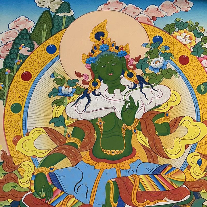 Buddha Stones Tybetańskie Malowanie Thangka Żółty Bóg Bogactwa Zielona Tara Awalokiteśwara Ręcznie Robiona Dekoracja Pudełko Niespodzianek (Losowy Styl)