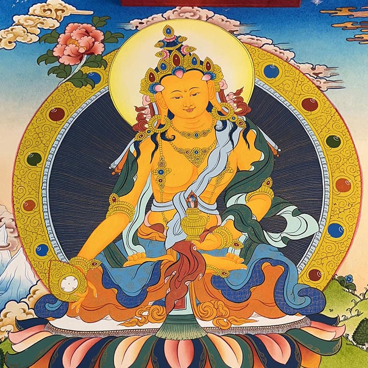 Buddha Stones Tybetańskie Malowanie Thangka Żółty Bóg Bogactwa Zielona Tara Awalokiteśwara Ręcznie Robiona Dekoracja Pudełko Niespodzianek (Losowy Styl)