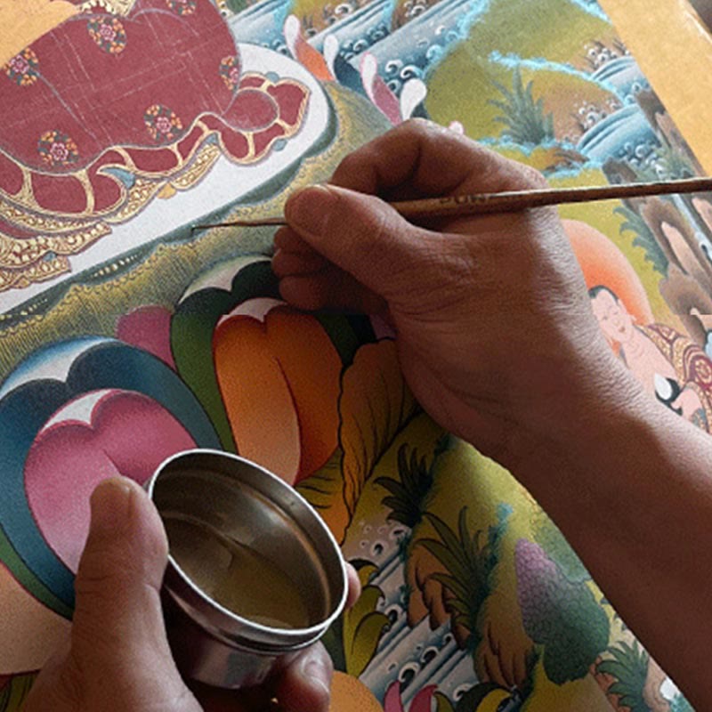 Buddha Stones Tybetańskie Malowanie Thangka Żółty Bóg Bogactwa Zielona Tara Awalokiteśwara Ręcznie Robiona Dekoracja Pudełko Niespodzianek (Losowy Styl)