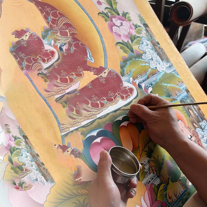 Buddha Stones Tybetańskie Malowanie Thangka Żółty Bóg Bogactwa Zielona Tara Awalokiteśwara Ręcznie Robiona Dekoracja Pudełko Niespodzianek (Losowy Styl)