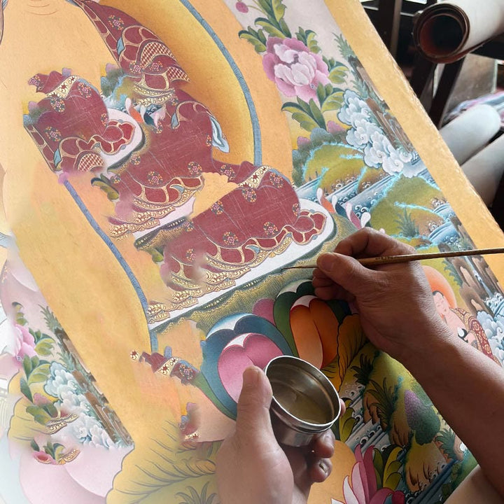 Buddha Stones Tybetańskie Malowanie Thangka Żółty Bóg Bogactwa Zielona Tara Awalokiteśwara Ręcznie Robiona Dekoracja Pudełko Niespodzianek (Losowy Styl)
