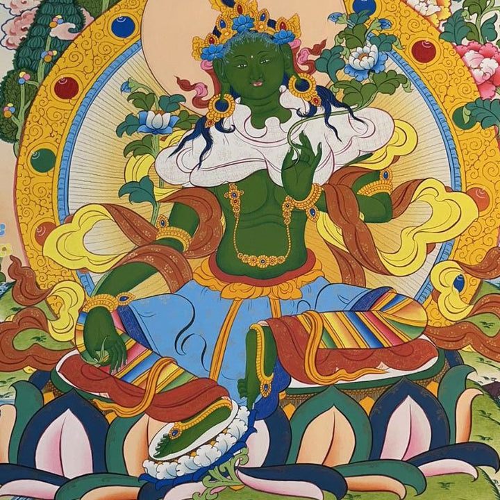 Buddha Stones Tybetańskie Malowanie Thangka Żółty Bóg Bogactwa Zielona Tara Awalokiteśwara Ręcznie Robiona Dekoracja Pudełko Niespodzianek (Losowy Styl)