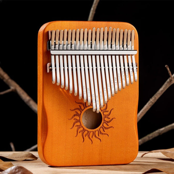 Kalimba z Buddha Stones 17/21 klawiszy, fortepian kciukowy, wzór słońca, drewno klonowe, przenośny fortepian palcowy dla początkujących
