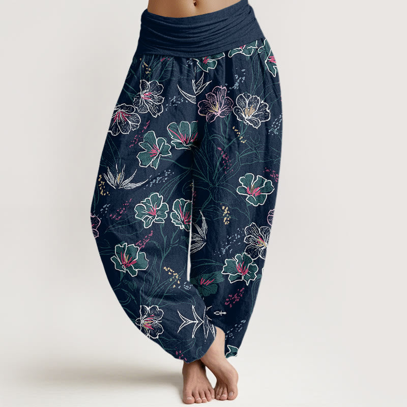 Buddha Stones Casual Tropikalne Kwiaty Wzór Liści Damskie Elastyczne Spodnie Harem - MidnightBlue - US22, UK/AU26, EU54 (6XL) - image 1