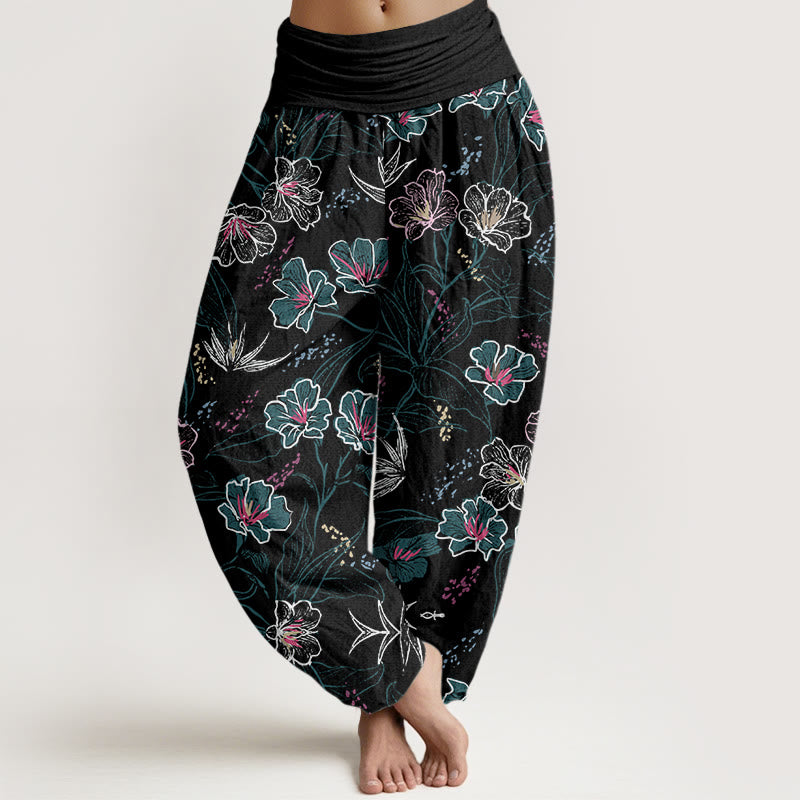Buddha Stones Casual Tropikalne Kwiaty Wzór Liści Damskie Elastyczne Spodnie Harem - Czarny - US22, UK/AU26, EU54 (6XL) - image 8