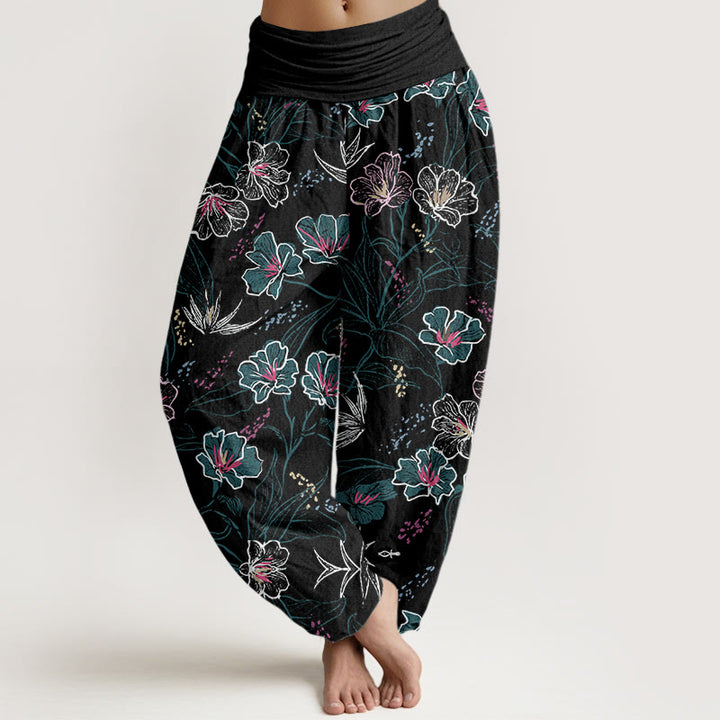 Buddha Stones Casual Tropikalne Kwiaty Wzór Liści Damskie Elastyczne Spodnie Harem - Czarny - US22, UK/AU26, EU54 (6XL) - image 8