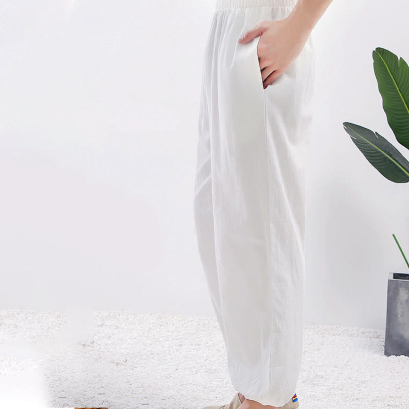 Buddha Stones Letnie Jednolity Kolor Unisex Elastyczna Talia Spodnie Do Ćwiczeń Tai Chi Qigong Z Kieszeniami - image 5