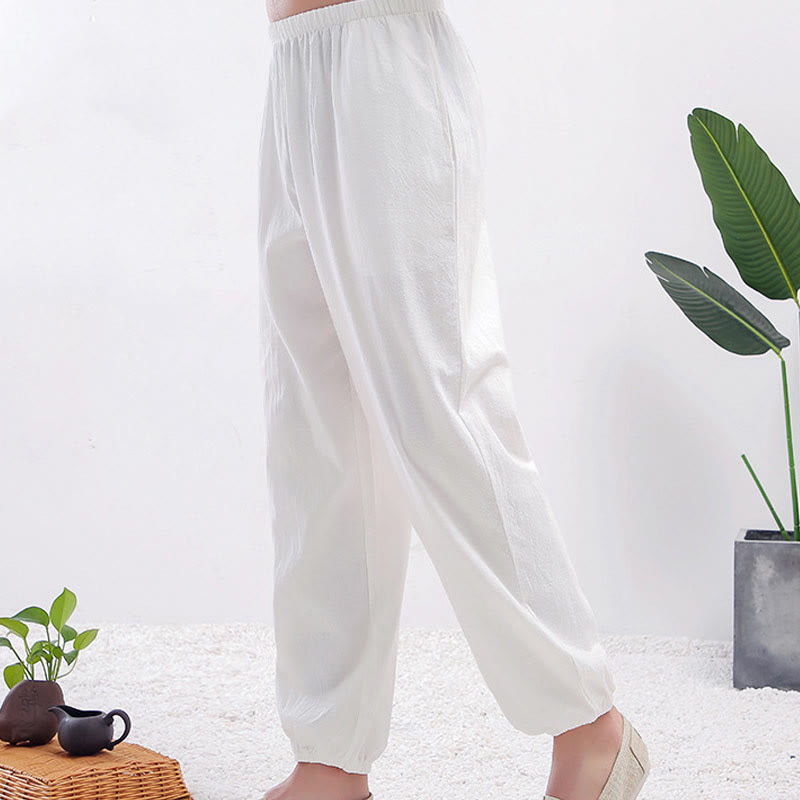 Buddha Stones Letnie Jednolity Kolor Unisex Elastyczna Talia Spodnie Do Ćwiczeń Tai Chi Qigong Z Kieszeniami - Biała kobieta - 3XL - PASUJE DO USA/UK/AU/EU - 2XL - image 3