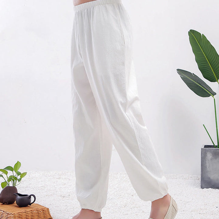 Buddha Stones Letnie Jednolity Kolor Unisex Elastyczna Talia Spodnie Do Ćwiczeń Tai Chi Qigong Z Kieszeniami - Biała kobieta - 3XL - ODPOWIEDNIE DLA USA/ UK/AU/ EU- 2XL - image 3