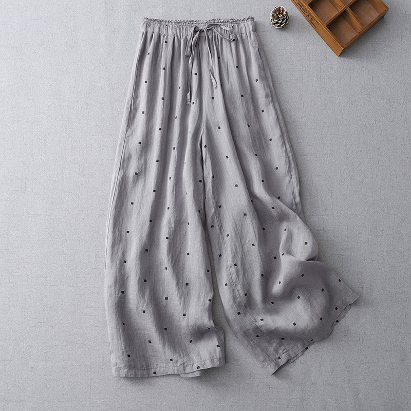 Buddha Stones Letnie Luźne Polka Dot Wzór Bawełna Len Damskie Szerokie Spodnie Nogawki Z Kieszeniami - Ciemnoszary - US8-10，UK/AU12-14，EU40-42 (2XL) - image 0