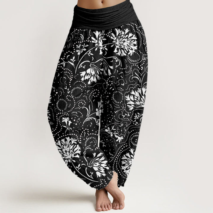 Buddha Stones Casual Floral Vine Roślinny Wzór Damskie Spodnie Harem Elastyczna Talia - Czarny - US22, UK/AU26, EU54 (6XL) - image 5