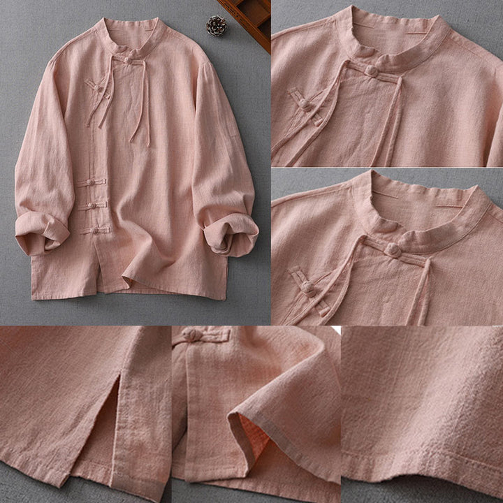 Buddha Stones Vintage Chiński Żaba-Guzik Projekt Kołnierz Stojący Zen Damska Koszula Z Długim Rękawem Bawełniano-Lniana - image 4