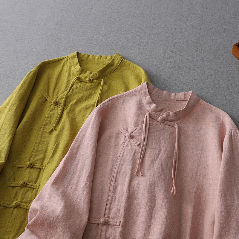 Buddha Stones Vintage Chiński Żaba-Guzik Projekt Kołnierz Stojący Zen Damska Koszula Z Długim Rękawem Bawełniano-Lniana - image 8