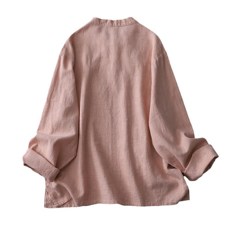 Buddha Stones Vintage Chiński Żaba-Guzik Projekt Kołnierz Stojący Zen Damska Koszula Z Długim Rękawem Bawełniano-Lniana - image 5