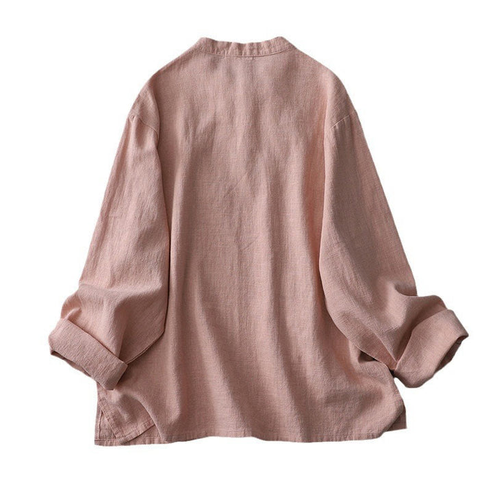 Buddha Stones Vintage Chiński Żaba-Guzik Projekt Kołnierz Stojący Zen Damska Koszula Z Długim Rękawem Bawełniano-Lniana - image 5