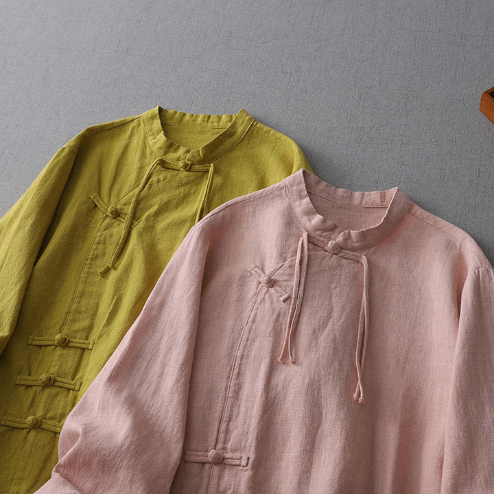 Buddha Stones Vintage Chiński Żaba-Guzik Projekt Kołnierz Stojący Zen Damska Koszula Z Długim Rękawem Bawełniano-Lniana - image 8