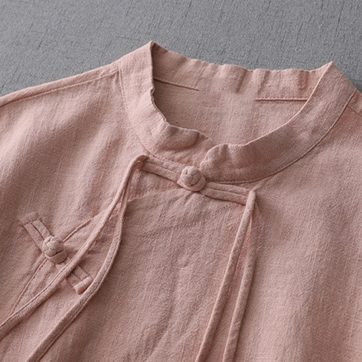 Buddha Stones Vintage Chiński Żaba-Guzik Projekt Kołnierz Stojący Zen Damska Koszula Z Długim Rękawem Bawełniano-Lniana - image 2