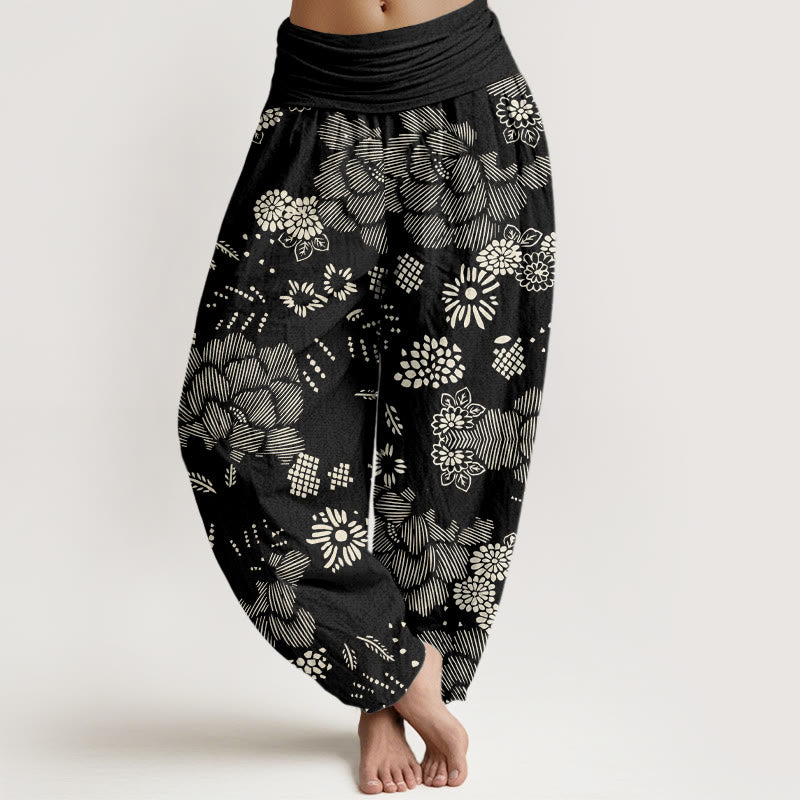 Buddha Stones Casual Floral Line Design Pattern Damskie spodnie haremowe z elastyczną talią - Czarny - US22, UK/AU26, EU54 (6XL) - image 1