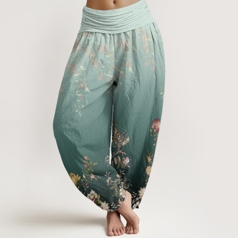 Buddha Stones Casual Gradient Delikatny Kwiatowy Wzór Liści Damskie Spodnie Harem Elastyczna Talia - LightSeaGreen - US22, UK/AU26, EU54 (6XL) - image 1