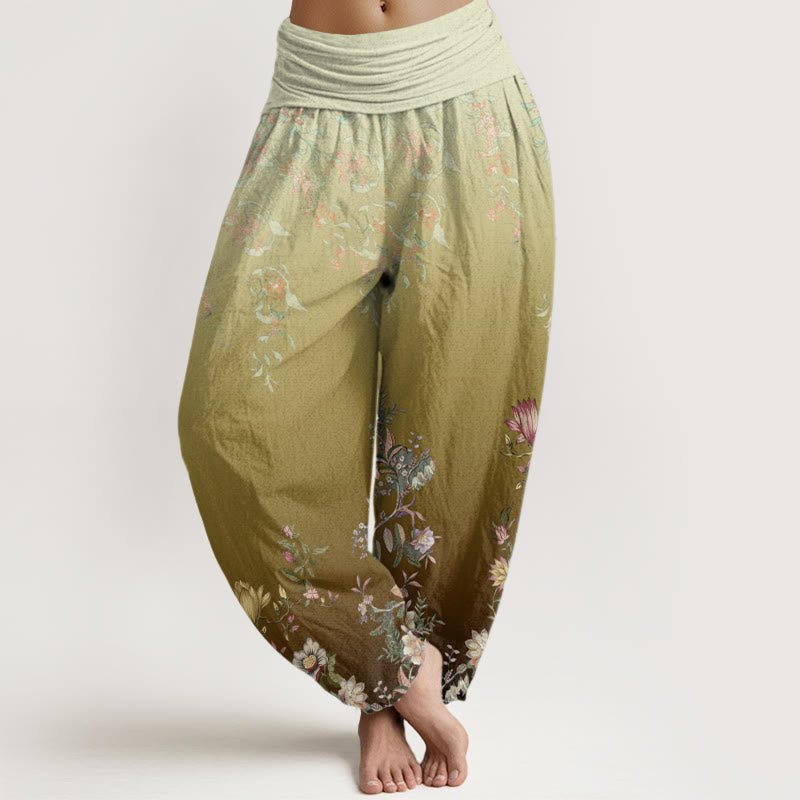 Buddha Stones Casual Gradient Delikatny Kwiatowy Wzór Liści Damskie Spodnie Harem Elastyczna Talia - Ciemny Khaki - US22, UK/AU26, EU54 (6XL) - image 8