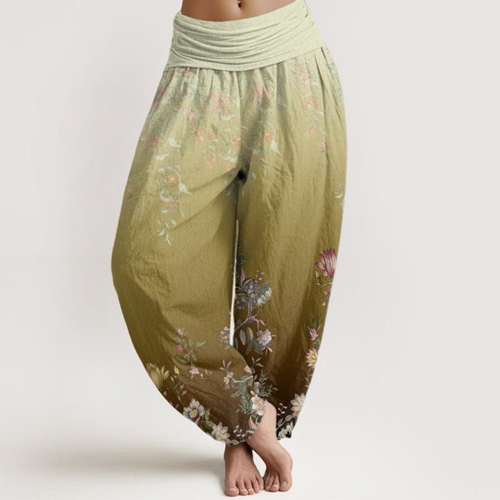 Buddha Stones Casual Gradient Delikatny Kwiatowy Wzór Liści Damskie Spodnie Harem Elastyczna Talia - Ciemny Khaki - US22, UK/AU26, EU54 (6XL) - image 8
