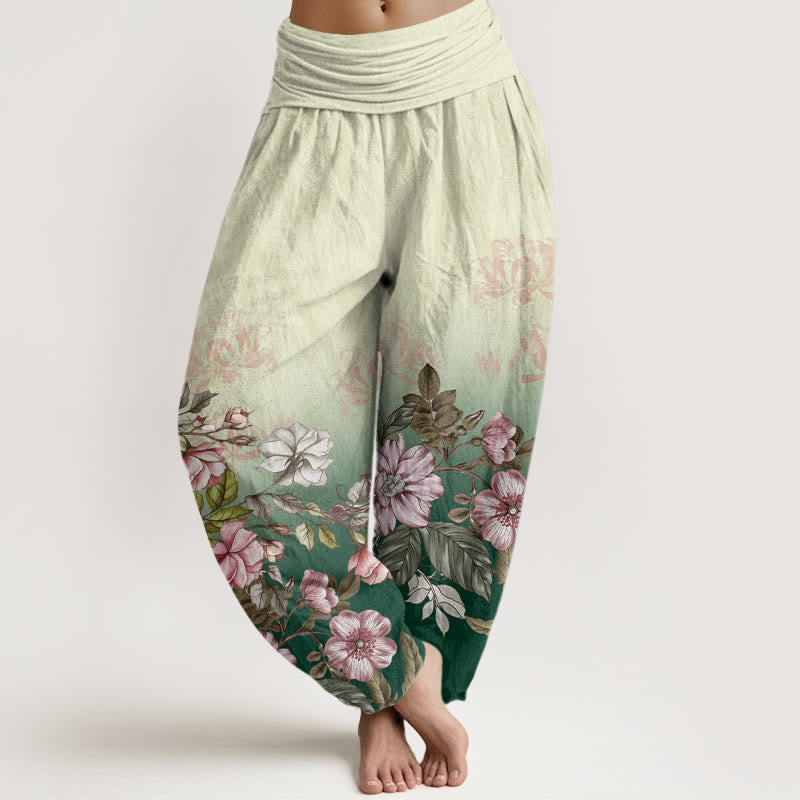Buddha Stones Casual Gradient Płatki Liście Wzór Damskie Spodnie Harem Elastyczna Talia - Zielony - US22, UK/AU26, EU54 (6XL) - image 1