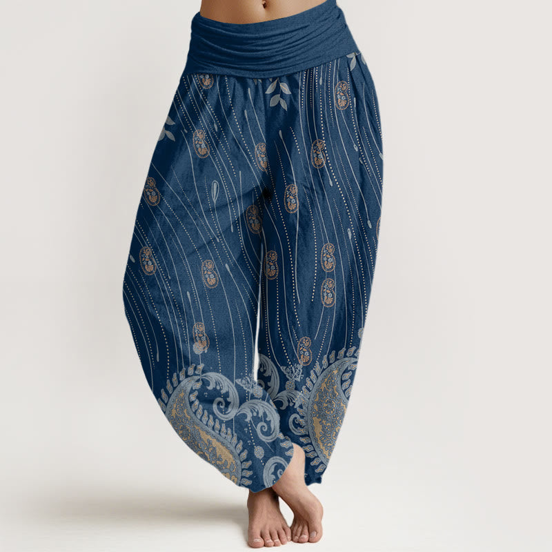 Buddha Stones Casual Paisley Roślinne Liście Faliste Linie Wzór Damskie Elastyczne Spodnie Harem - MediumBlue - US22, UK/AU26, EU54 (6XL) - image 1