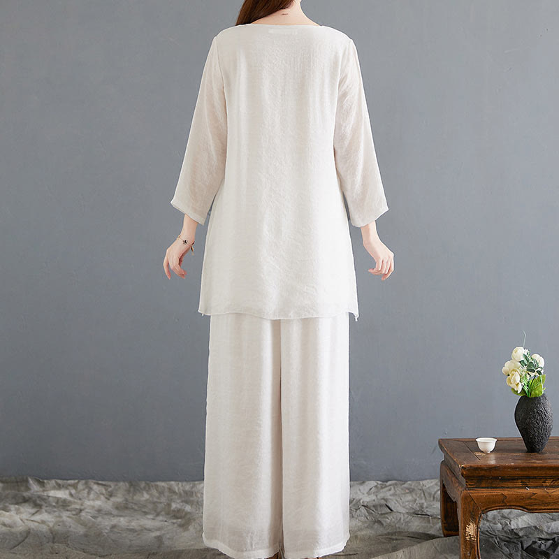 Buddha Stones 2 szt. beżowe chińskie żaby-guziki projekt koszula z długim rękawem spodnie medytacja zen tai chi bawełna len odzież damska zestaw - image 2