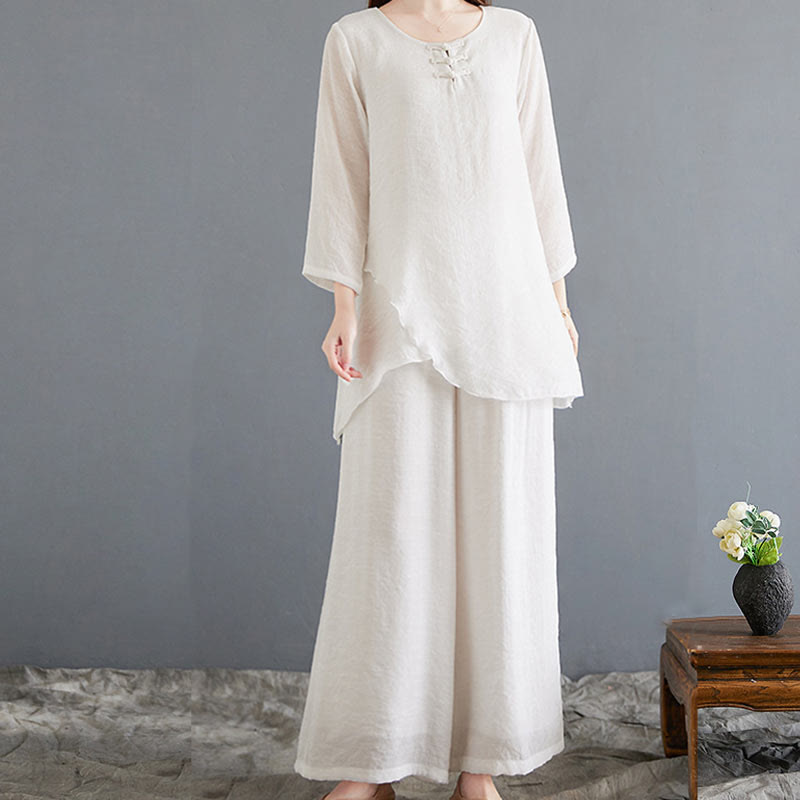 Buddha Stones 2 szt. beżowe chińskie żaby-guziki projekt koszula z długim rękawem spodnie medytacja zen tai chi bawełna len odzież damska zestaw - image 4