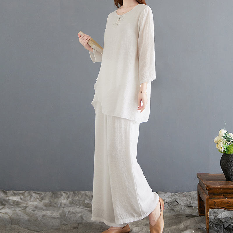 Buddha Stones 2 szt. beżowe chińskie żaby-guziki projekt koszula z długim rękawem spodnie medytacja zen tai chi bawełna len odzież damska zestaw - image 5