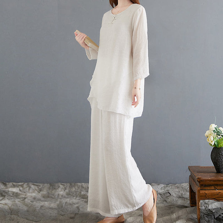 Buddha Stones 2 szt. beżowe chińskie żaby-guziki projekt koszula z długim rękawem spodnie medytacja zen tai chi bawełna len odzież damska zestaw - image 5