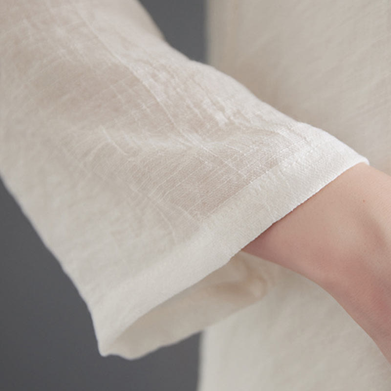 Buddha Stones 2 szt. beżowe chińskie żaby-guziki projekt koszula z długim rękawem spodnie medytacja zen tai chi bawełna len odzież damska zestaw - image 11