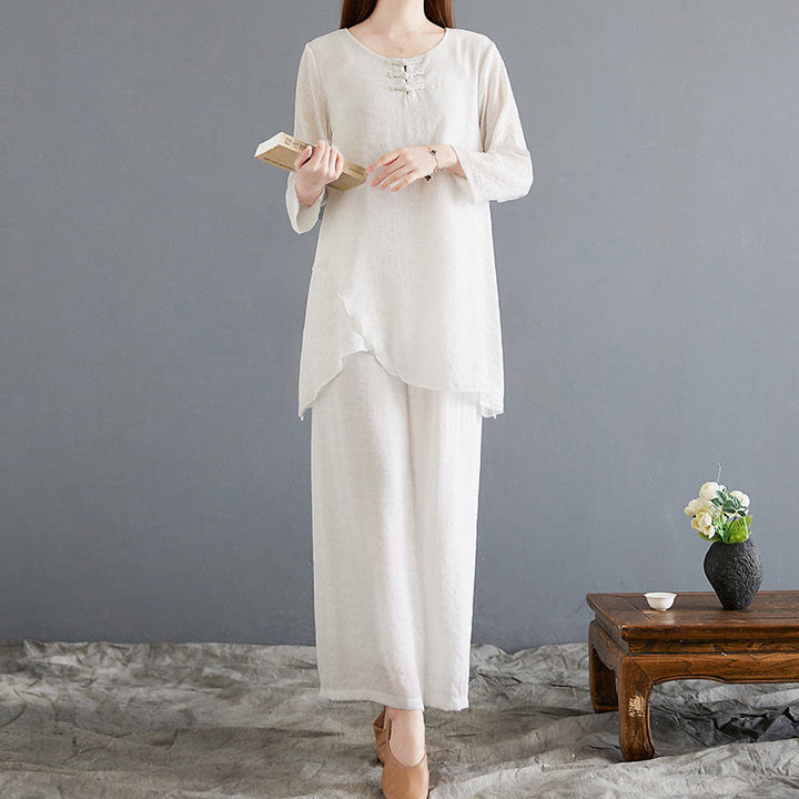 Buddha Stones 2 szt. beżowe chińskie żaby-guziki projekt koszula z długim rękawem spodnie medytacja zen tai chi bawełna len odzież damska zestaw - image 3