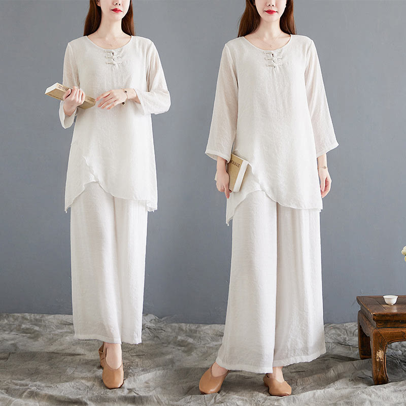 Buddha Stones 2 szt. beżowe chińskie żaby-guziki projekt koszula z długim rękawem spodnie medytacja zen tai chi bawełna len odzież damska zestaw - image 20