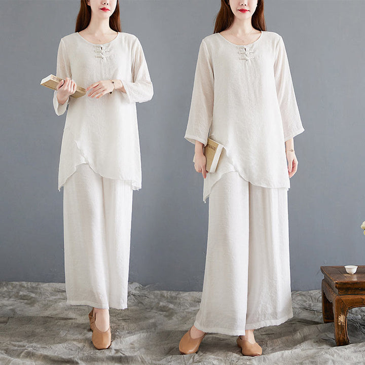 Buddha Stones 2 szt. beżowe chińskie żaby-guziki projekt koszula z długim rękawem spodnie medytacja zen tai chi bawełna len odzież damska zestaw - image 20