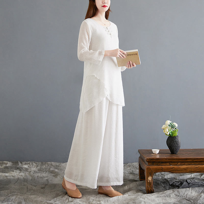 Buddha Stones 2 szt. beżowe chińskie żaby-guziki projekt koszula z długim rękawem spodnie medytacja zen tai chi bawełna len odzież damska zestaw - image 6