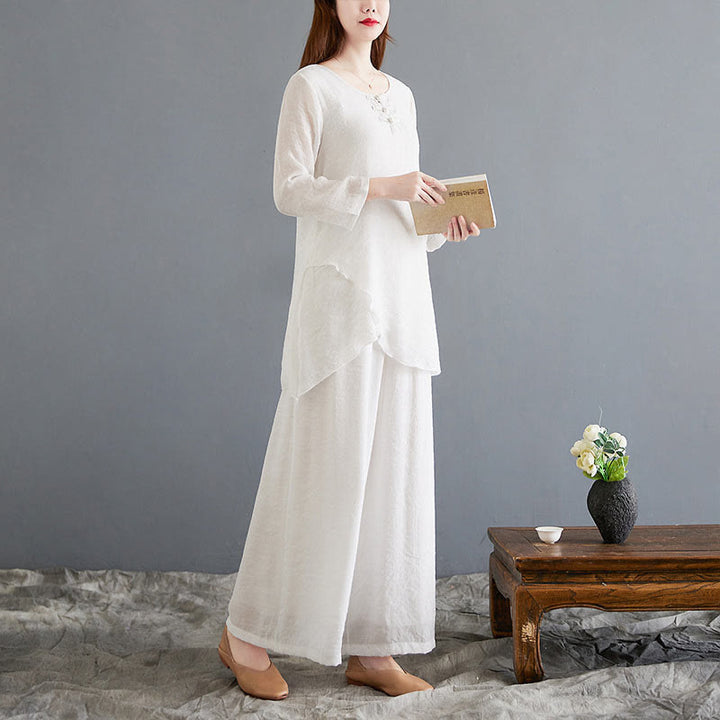 Buddha Stones 2 szt. beżowe chińskie żaby-guziki projekt koszula z długim rękawem spodnie medytacja zen tai chi bawełna len odzież damska zestaw - image 6