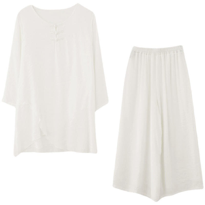 Buddha Stones 2 szt. beżowe chińskie żaby-guziki projekt koszula z długim rękawem spodnie medytacja zen tai chi bawełna len odzież damska zestaw - image 21