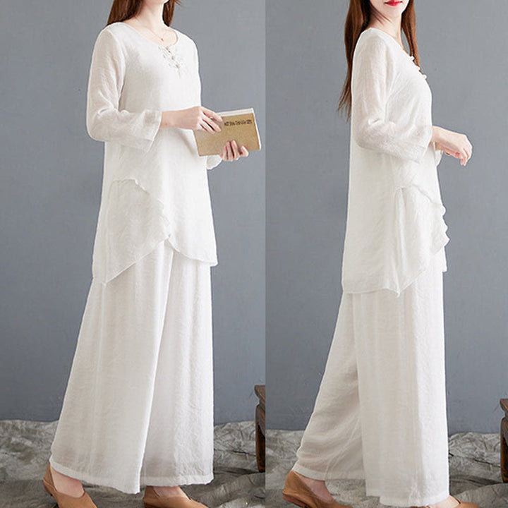 Buddha Stones 2 szt. beżowe chińskie żaby-guziki projekt koszula z długim rękawem spodnie medytacja zen tai chi bawełna len odzież damska zestaw - image 19