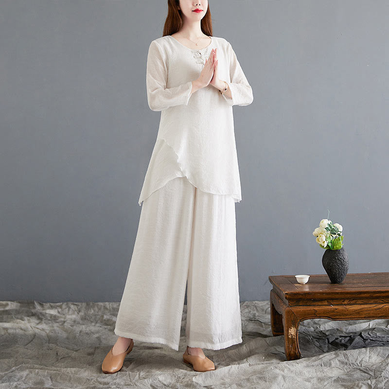 Buddha Stones 2 szt. beżowe chińskie żaby-guziki projekt koszula z długim rękawem spodnie medytacja zen tai chi bawełna len odzież damska zestaw - image 1