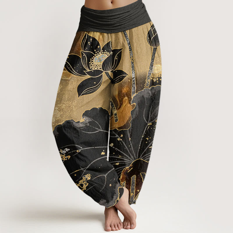 Buddha Stones Casual Lotus Płatek Wzór Damskie Spodnie Harem Elastyczna Talia - Czarny - US22, UK/AU26, EU54 (6XL) - image 1