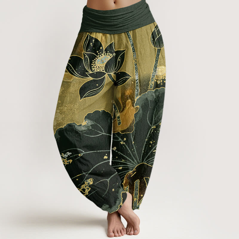 Buddha Stones Casual Lotus Płatek Wzór Damskie Spodnie Harem Elastyczna Talia - DarkOliveGreen - US22, UK/AU26, EU54 (6XL) - image 5
